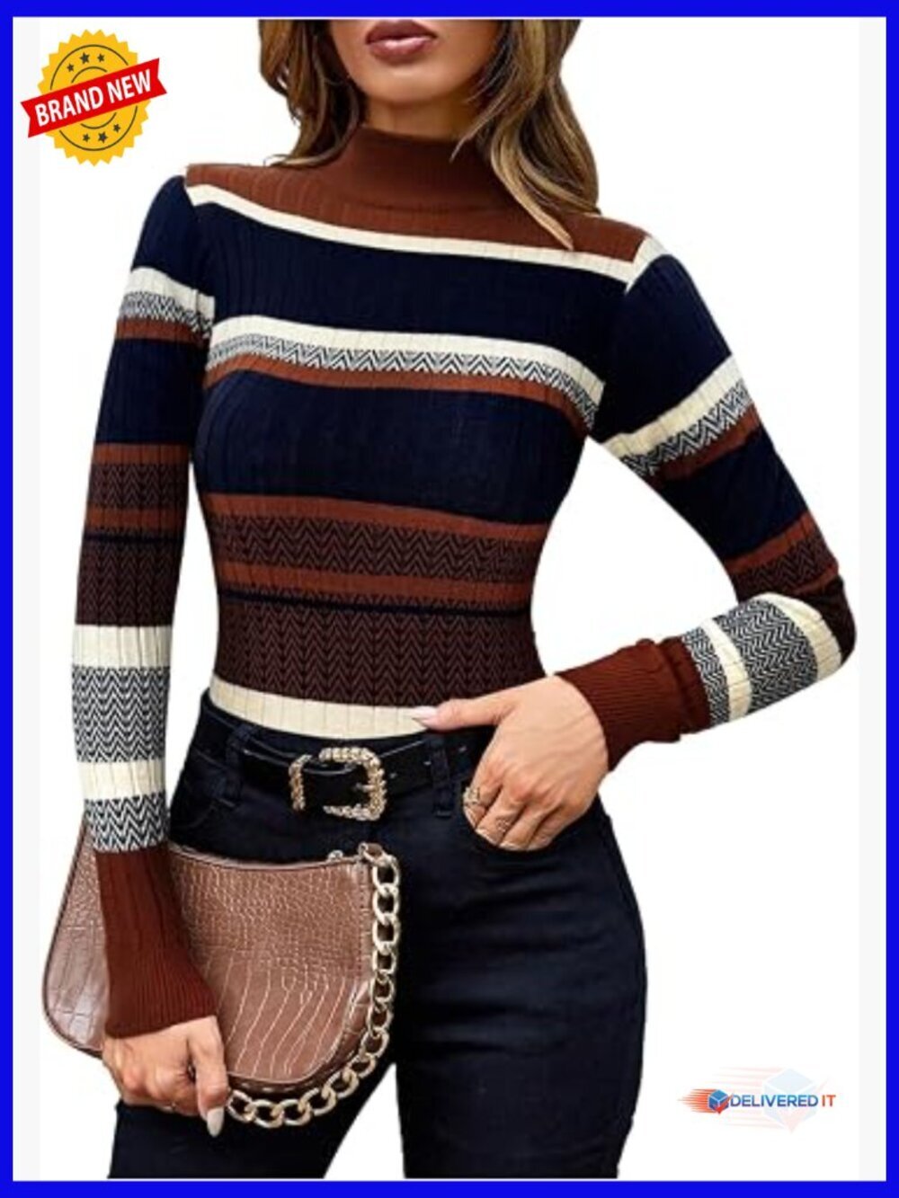 Striped Ribbed Knit Sweater Mock Neck Long Sleeve Pullover Slim Fit